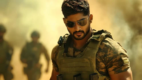 Tactical soldier strides through dust-filled battlefield haze.