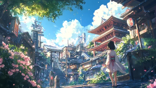 Layered neo-traditional hillside cityscape with lone girl viewpoint.