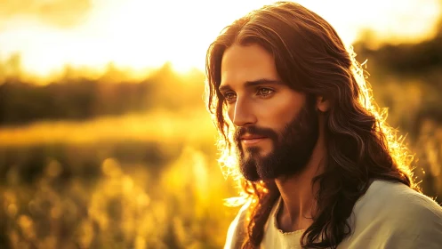 Photorealistic serene portrait in glowing backlit sunset field.