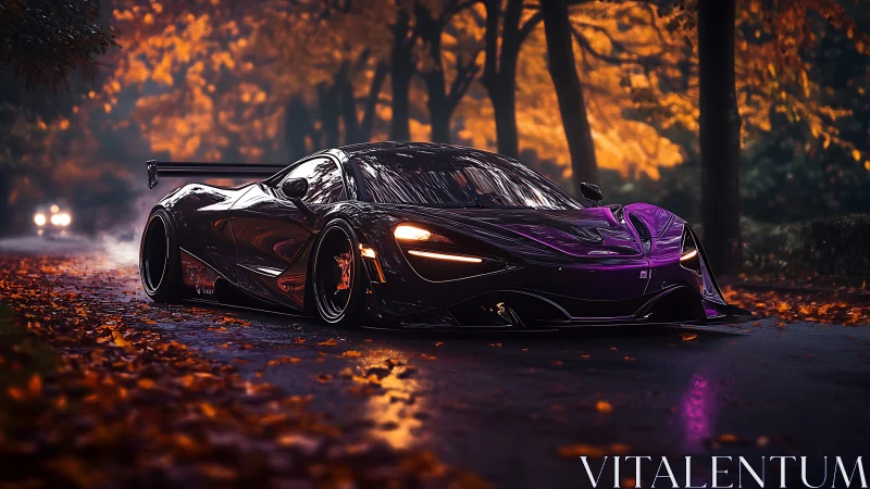 Low black supercar parked on wet autumn forest road.