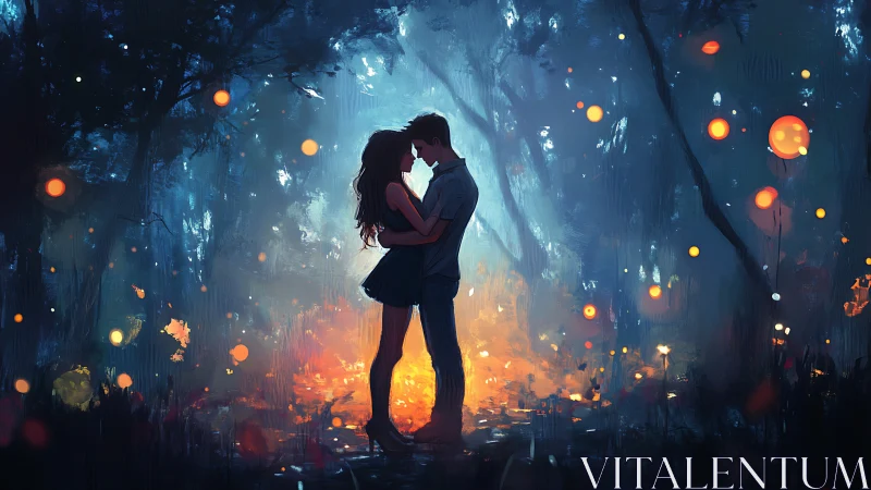 Lovers Embrace Beneath Glowing Forest Lights.