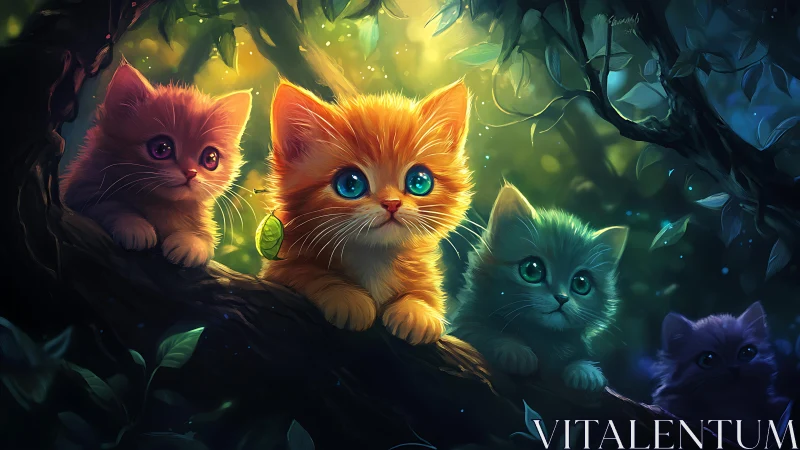 Enchanted Forest Kittens Glowing in Magical Moonlight.