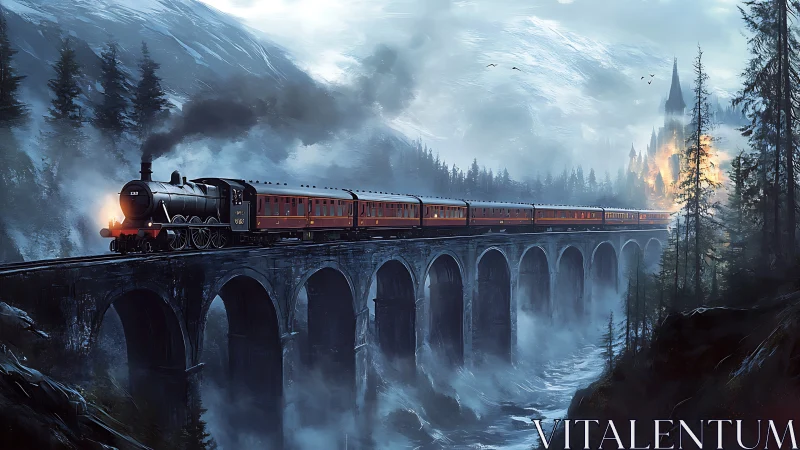 Steam train crosses misty viaduct toward burning castle.