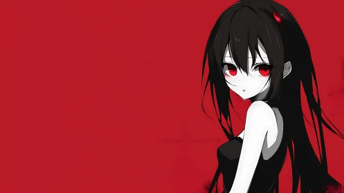 Monochrome anime girl with red eyes on flat crimson field