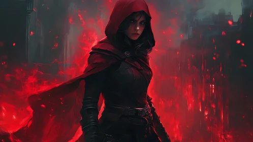 Hooded female figure stands in red illuminated urban scene