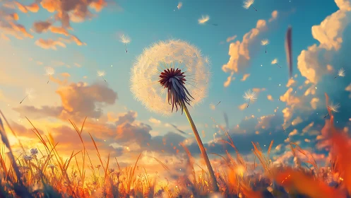 Sunset wishes drifting from a glowing dandelion field.