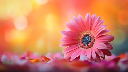 Pink Gerbera Daisy Blooms in Golden Sunlight.