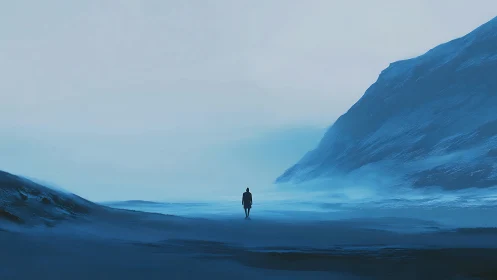 Solitary figure crossing expansive blue arctic valley