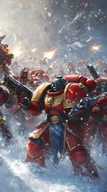 Armored space marines advance through blizzard under heavy fire