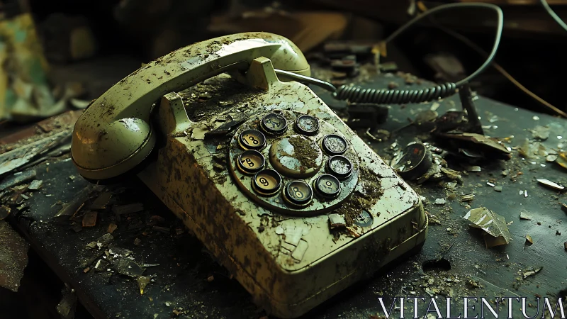 Rotary telephone decaying on cluttered dusty desk surface.