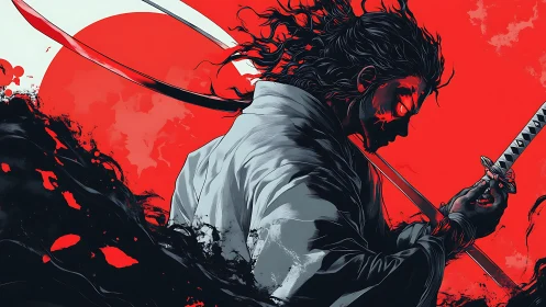 Samurai swordsman silhouette before crimson sun, ink-splatter field