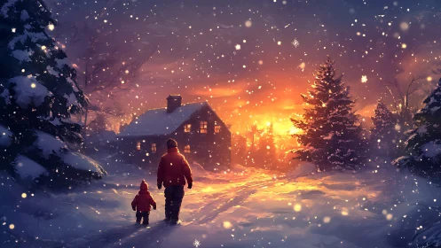 Winter landscape with cabin, sunset sky and two figures.