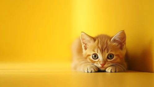 Orange Tabby Kitten Peering Over Yellow Surface.