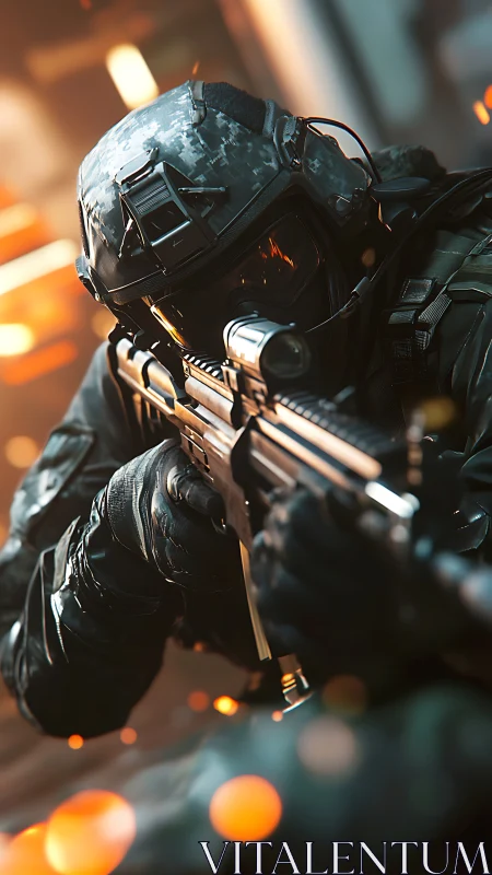 Tactical soldier aims rifle through blazing urban crossfire.