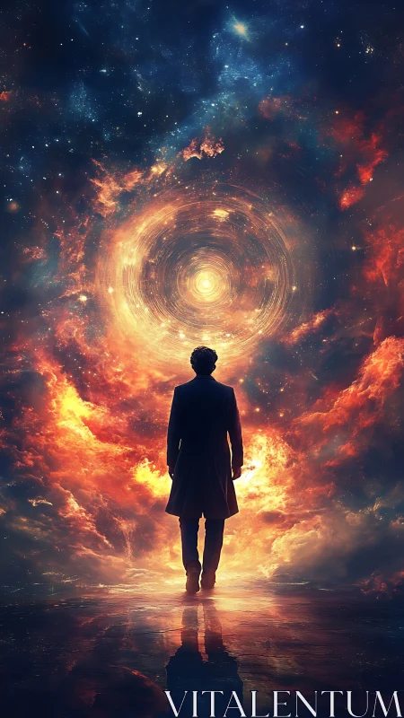 Solitary figure stands before swirling cosmic portal