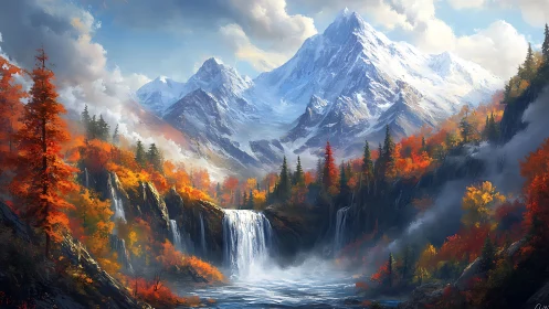 Waterfall carves bright autumn song below silver peaks