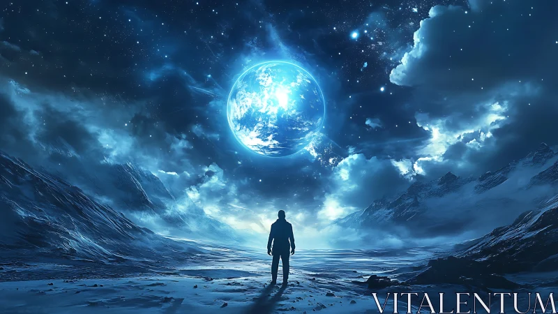 Lone stargazer under a colossal electric-blue world.