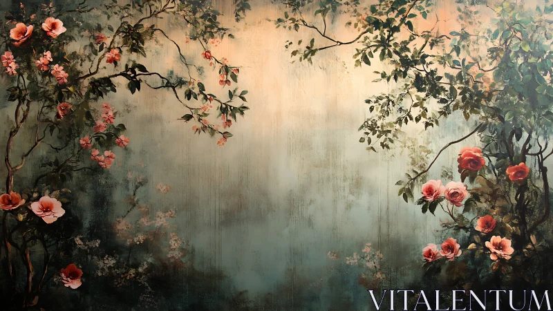 Floral branches frame misty teal garden backdrop painting.