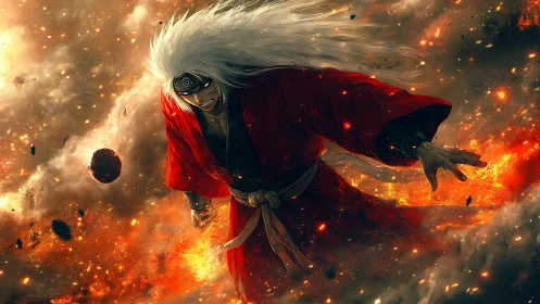 White haired warrior in red robe commands blazing inferno