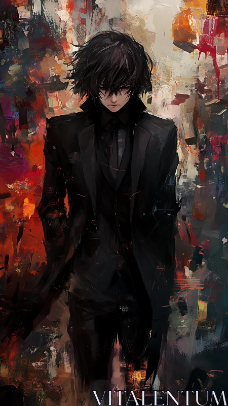 Chromatic turbulence surrounding a dark-clad anime figure.