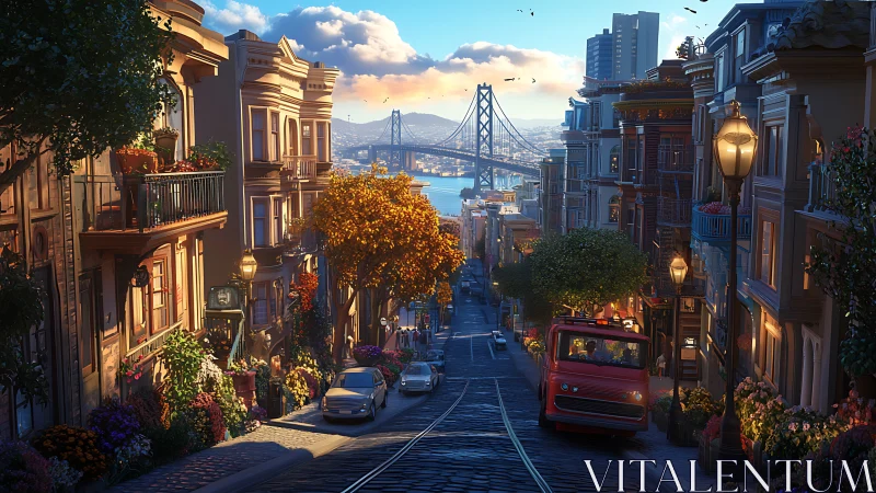 Digital city street scene shows steep hill with bay bridge