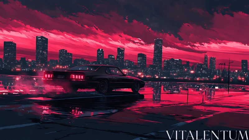 Midnight muscle car above neon drenched cyber skyline.