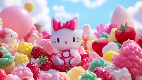 Stylized white cat figure surrounded by colorful fruit and candy.