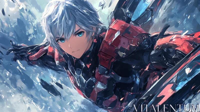 Armored anime pilot dives through shattered ice and light
