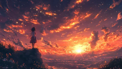 Twilight cliff dreamer under a sky of drifting embers.