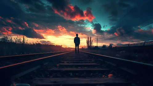 Silhouetted wanderer walks railway toward burning sunset