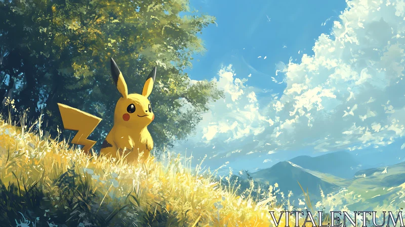 Electric creature surveying luminant meadow under cumulus sky.