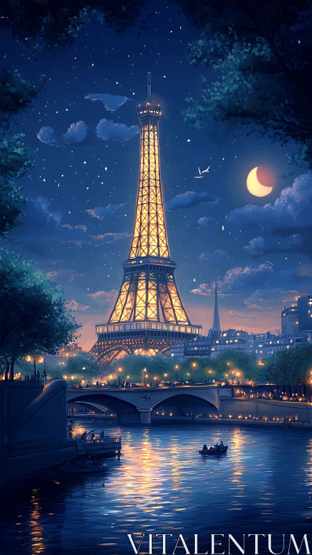 Eiffel Tower glows over a moonlit Parisian riverside night.