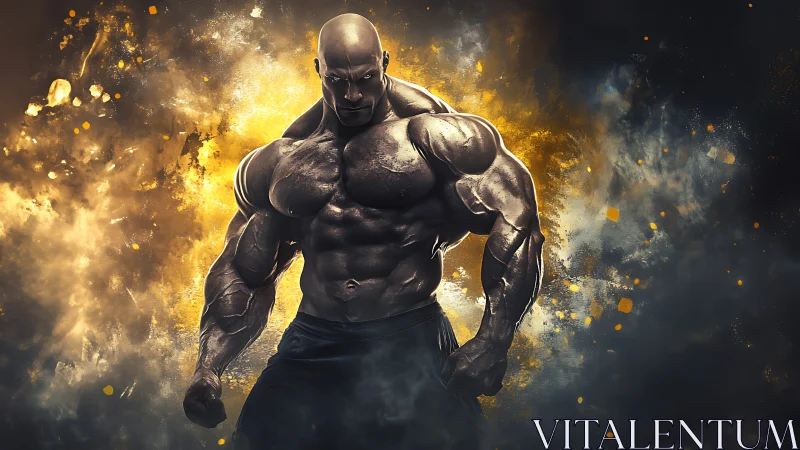 Titanic bodybuilder stands in blazing golden storm.