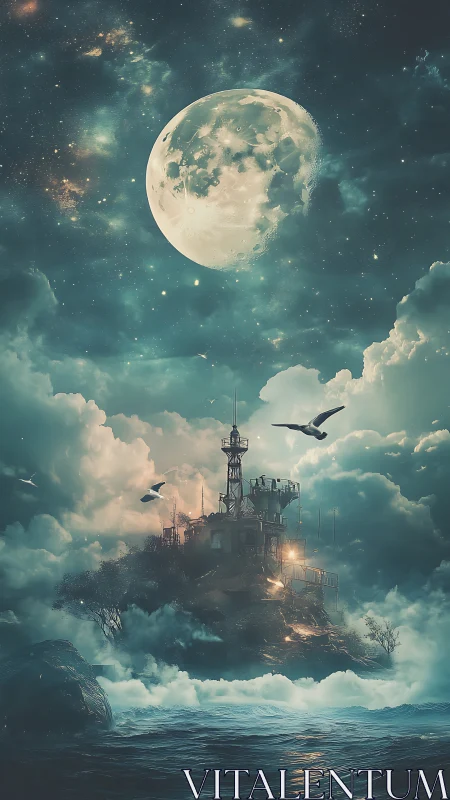 Moonlit storm-watch outpost adrift between clouds and sea.