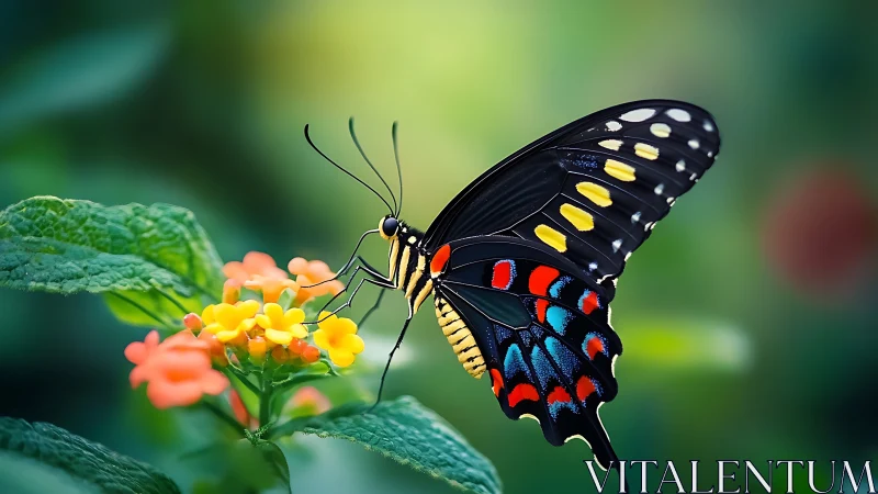 Midnight-winged butterfly sipping sunrise-colored blossoms.