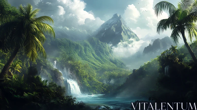 Tropical Valley Paradise with Misty Mountains.