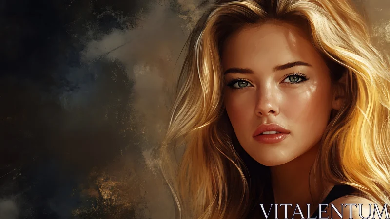 Digital portrait of blonde woman against abstract dusk backdrop.