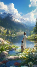 Quiet mountain morning shared by mother, child, and wildflowers.