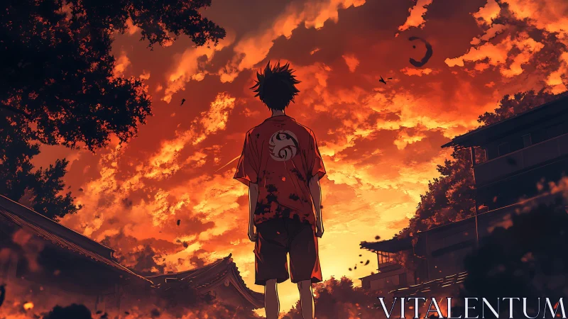 Lone youth beneath blazing anime sunset skyscape.