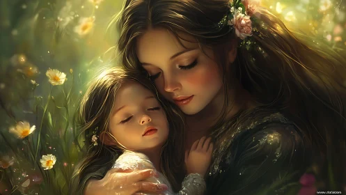 Digital rendering depicts maternal figure with child amid luminescent flora in warm chromatic palett