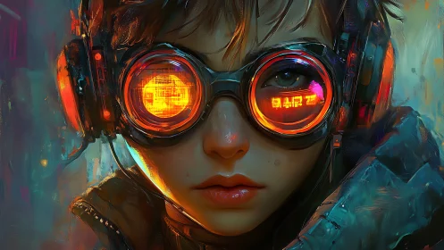 Cyberpunk youth with neon tech goggles in urban glow.