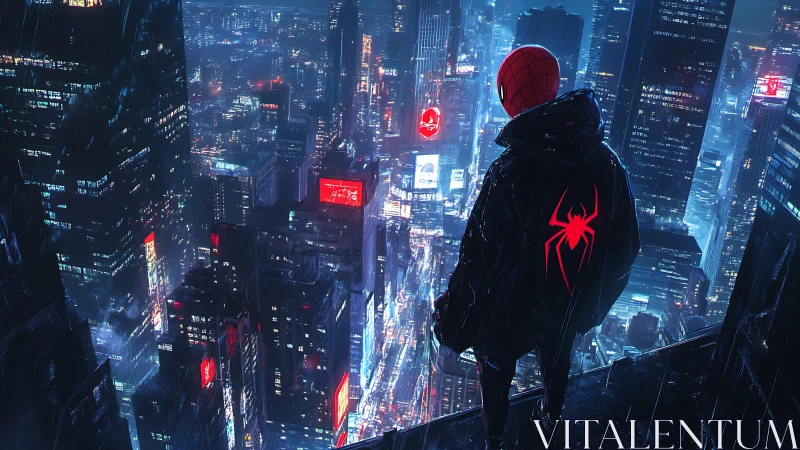 Urban spider-hero overlooking neon-soaked futuristic skyline.