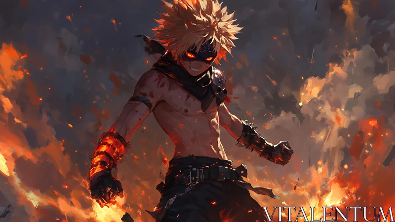 Explosive anime warrior ignites battlefield in blazing embers.