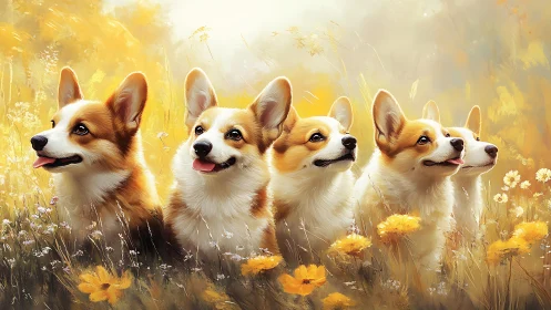 Corgi chorus basking in golden meadow sunshine together.