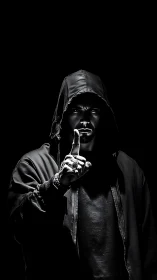 Hooded male figure in low key lighting with raised finger.