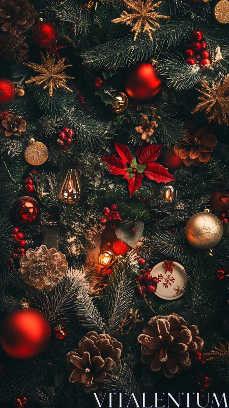 Festive pine boughs with glowing ornaments and berries.
