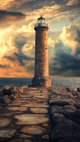 Stone lighthouse on rocky pier under dense clouded sky.
