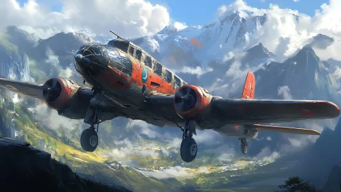 Twin‑engine propeller aircraft over alpine mountain valley.