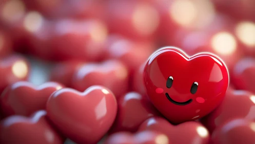 Happy Heart Smiling Among Warm Bokeh Hearts in Red