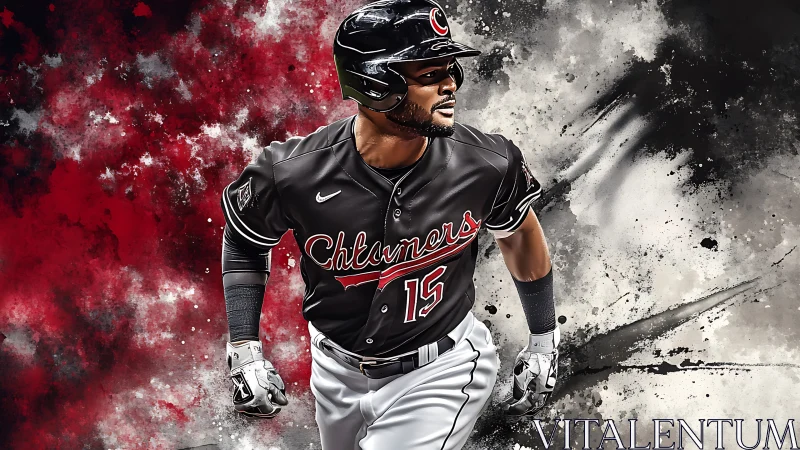Baseball player in black uniform against abstract backdrop.